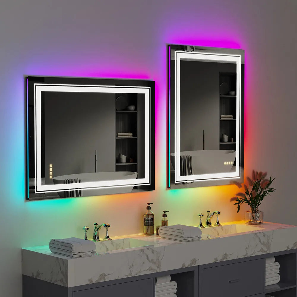 Miroir de salle de bain LED rectangulaire avec éclairage RGB
